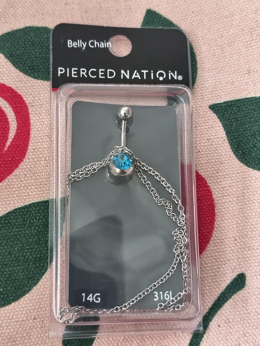 Pierced Nation 14G Surgical Steel Belly Ring With Chain And Blue Gem